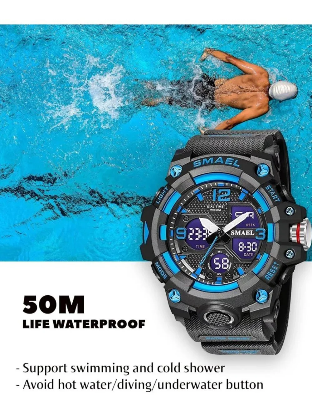 Men's Blue Analog Quartz S-Shock Waterproof Outdoor Sports LED Digital Watch